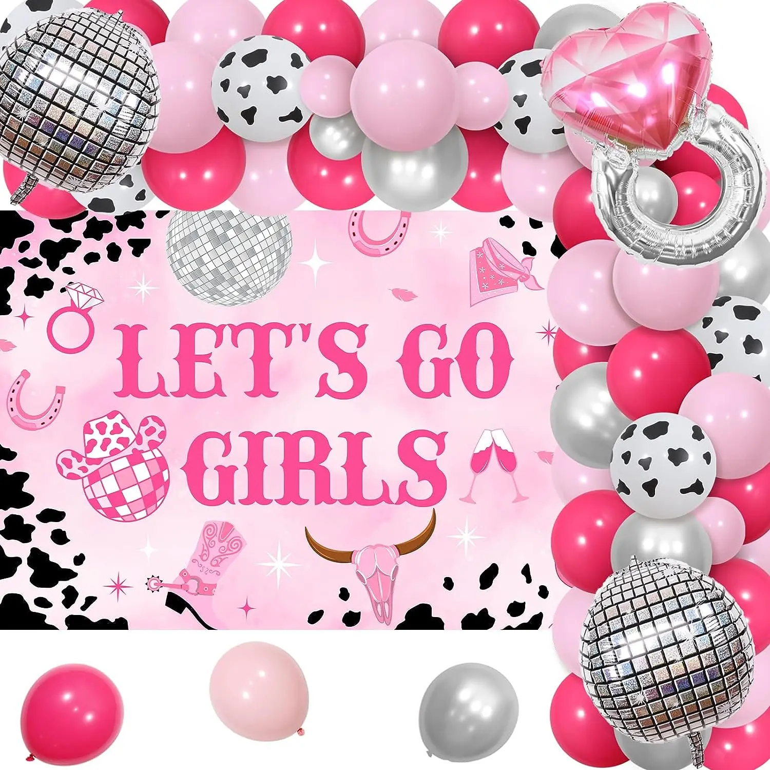 

Let's Go Girls Disco Cowgirl Themed Balloon Garland with Backdrop, Bachelorette Party Decorations, Hot Pink