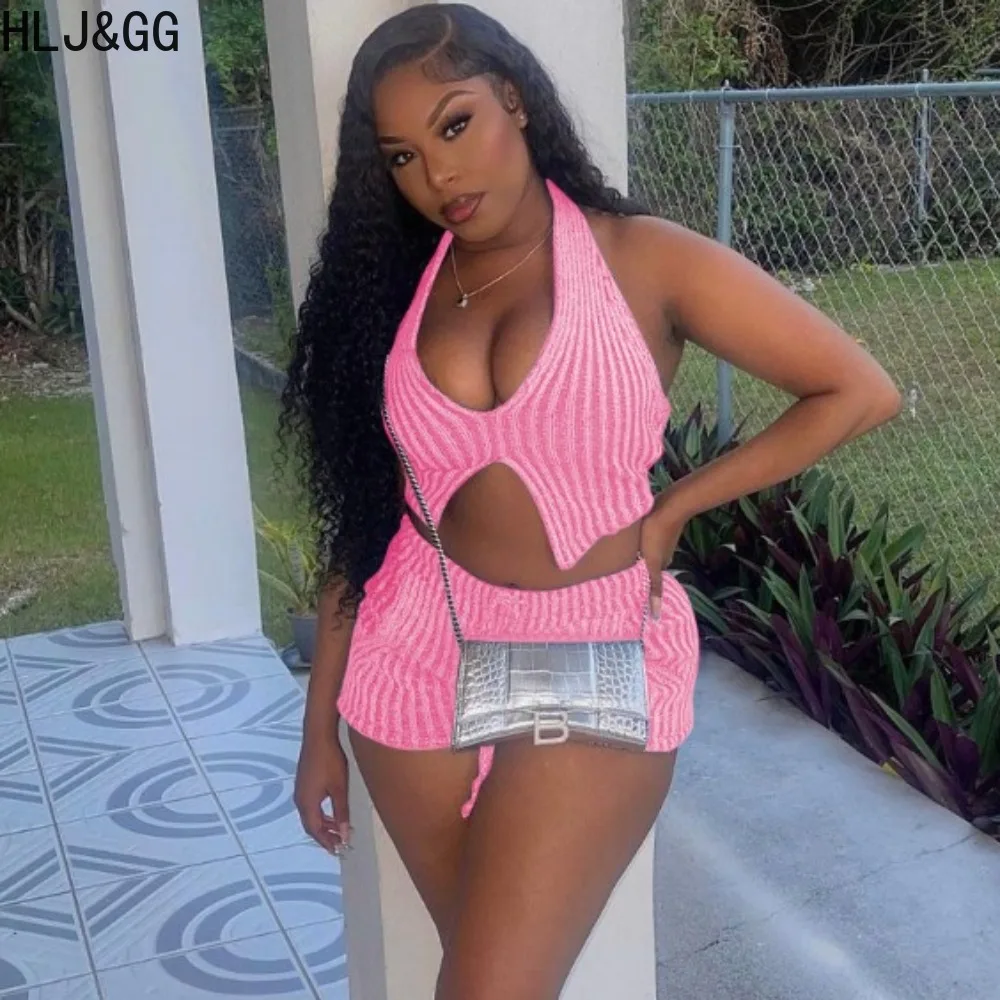 

HLJ&GG Sexy Y2K Sweet Stripe Print Two Piece Sets Women V Neck Halter Backless Sleeveless Crop Top And Shorts Outfits Streetwear
