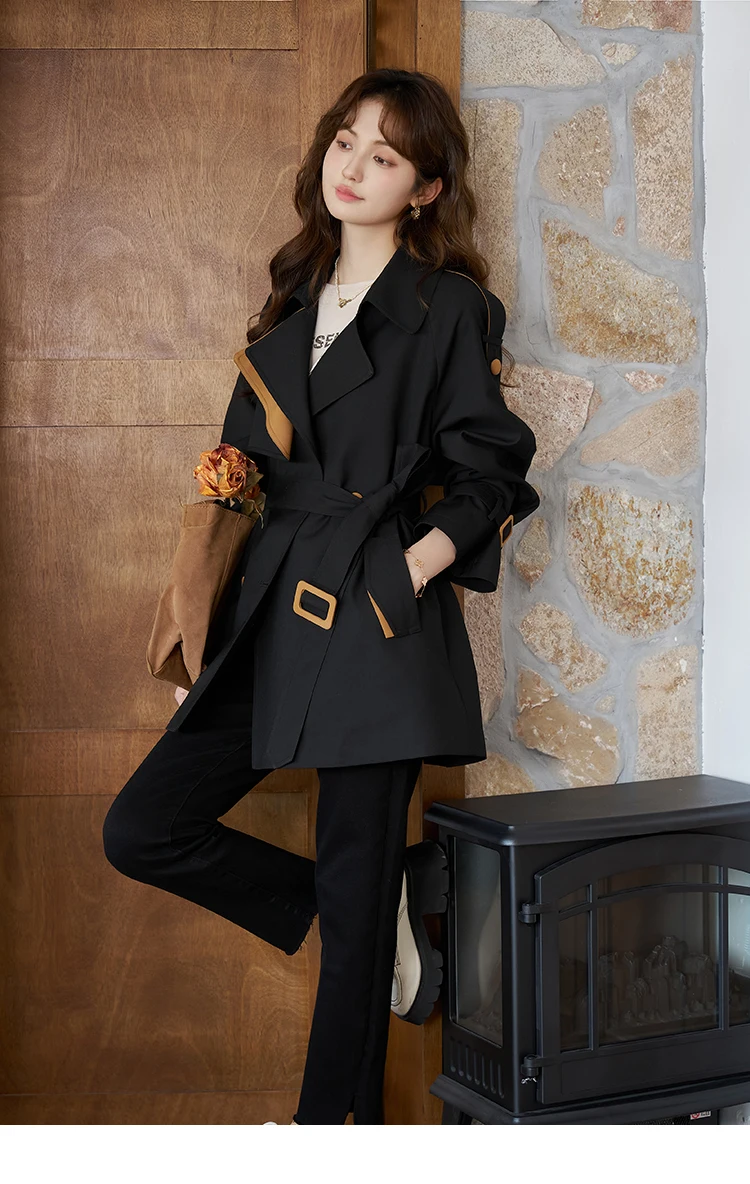 MISHOW Women's Trench 2024 Autumn Vintage Contrast Turn-down Collar Loose Female with Belt Double Breasted Solid Coat MXC44W0040 MISHOW Women's Trench 2024 Autumn Vintage Contrast Turn-down Collar Loose Female with Belt Double Breasted Solid Coat MXC44W0040