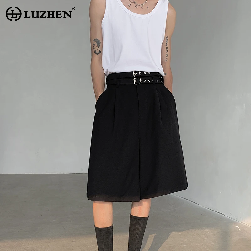 

LUZHEN Belt Decorate Design Personality Trendy Shorts Original Summer Solid Color Men's Street Straight Five-point Pants LZ2611