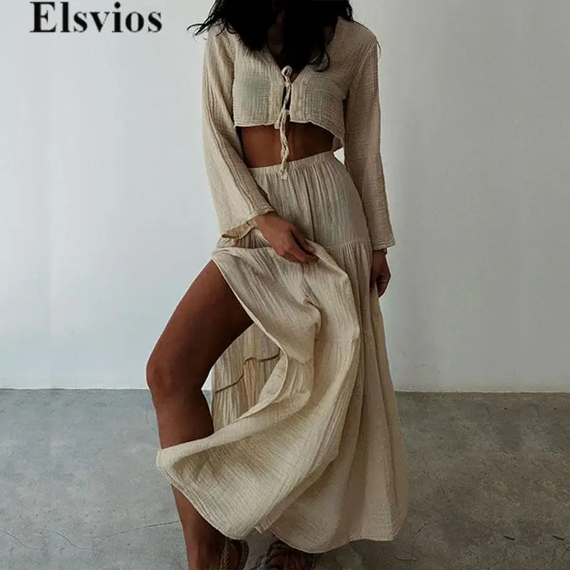 Elegant V Neck Belt Shirt Tops & Split Long Skirt Outfits Long Sleeve Solid Cotton Linen Two Piece Beach Suit Women Skirts Set
Elegant V Neck Belt Shirt Tops & Split Long Skirt Outfits Long Sleeve Solid Cotton Linen Two Piece Beach Suit Women Skirts Set