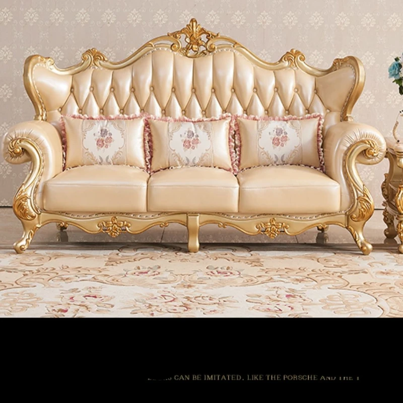

European leather sofa combination high-end villa living room solid wood carved luxury champagne gold furniture sofa