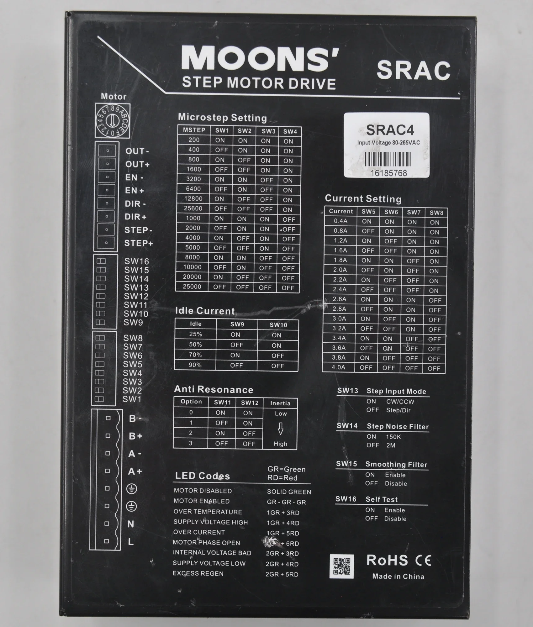 SRAC4 MOONS Mingzhi оригинальный разборный двухфазный Драйвер шагового двигателя переменного тока
SRAC4 MOONS Mingzhi оригинальный разборный двухфазный Драйвер шагового двигателя переменного тока