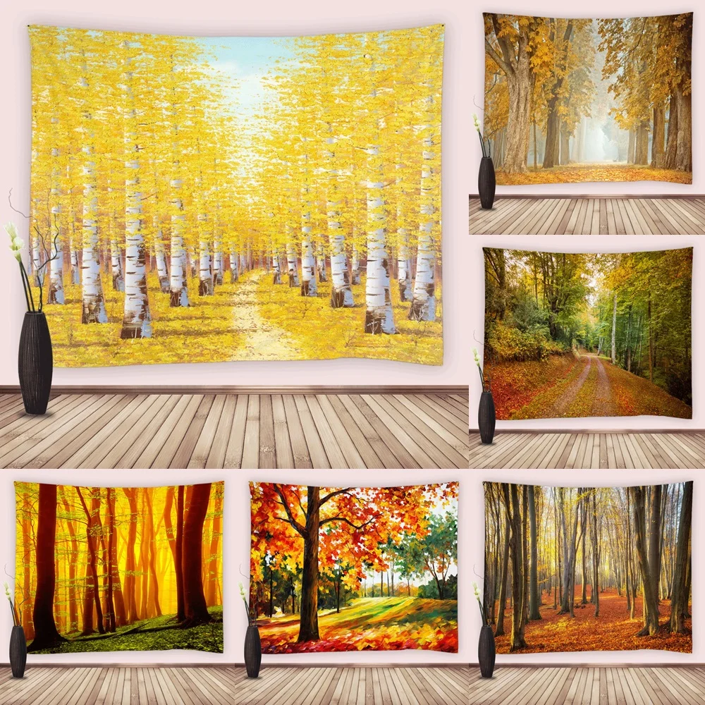 

Forest Tapestry Autumn Maple Birch Tree Golden Yellow Leaves Woodland Nature Landscape Wall Hanging for Bedroom Living Room Dorm