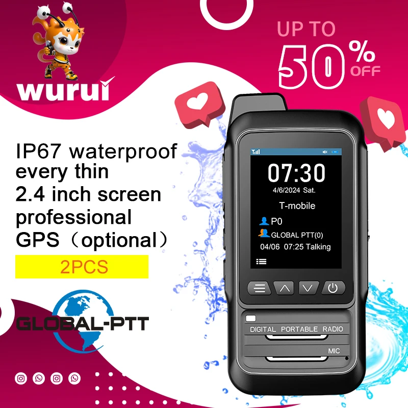 

2PCS waterproof Wurui Global-ptt P0 POC Walkie talkie portable IP67 Two-way radio long range communication professional 5000km