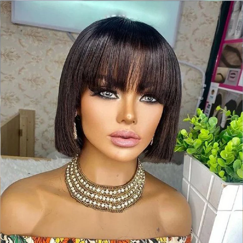 

Straight Hair Bob Wigs Brazilian Human Hair Wig With Bangs Short Bob Wigs For Black Women Full Machine Made Wig Remy Hair Bobs