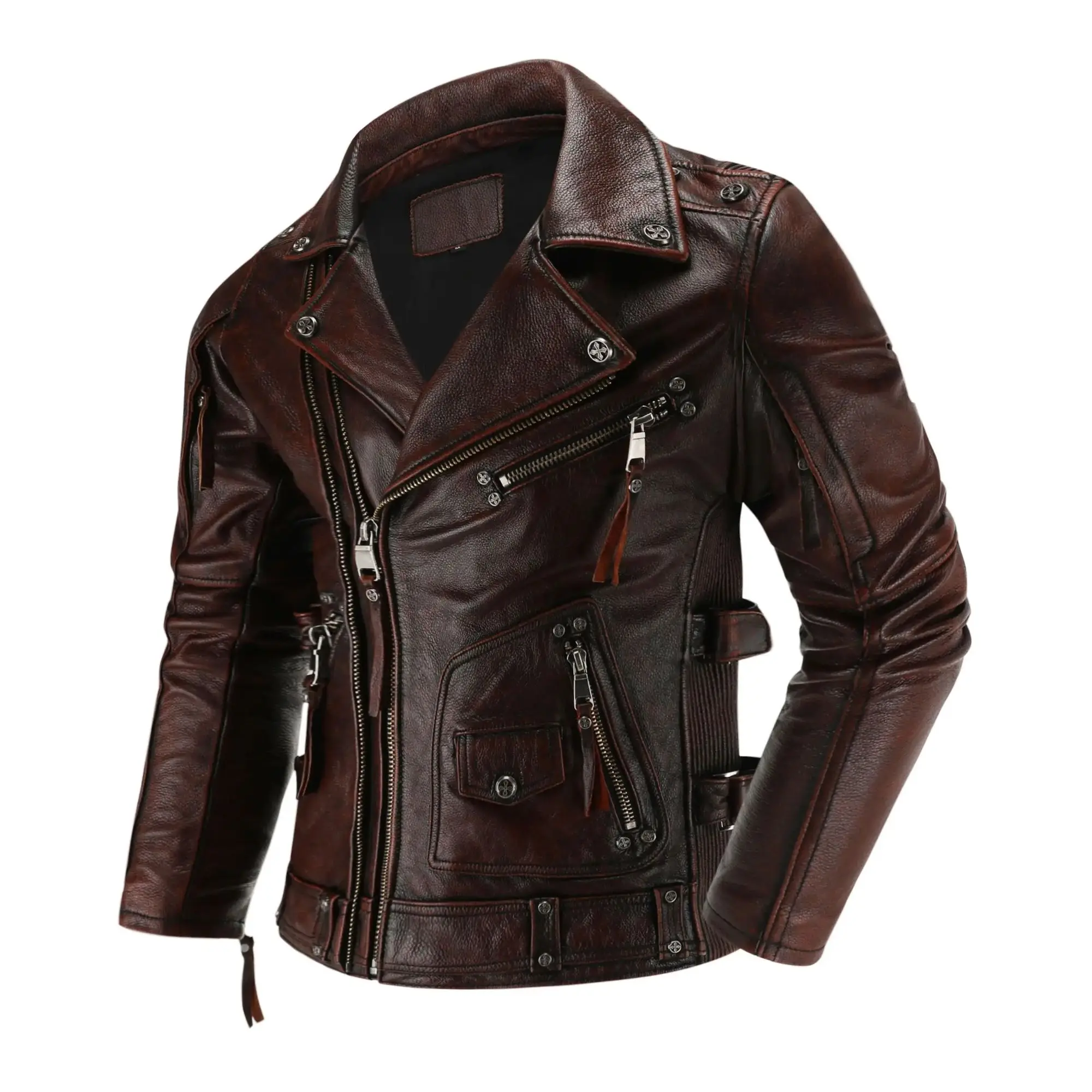 

Top Layer Cowhide Genuine Leather Jacket Men's Graphite Distressed Multi Zipper High Quality Lapel Motorcycle