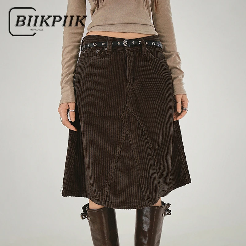 

BIIKPIIK Women Casual Brown Corduroy Skirts Concise Low Waist A-line Skirts All-matched Warm Bottoms Trend Outfits Spring Autumn