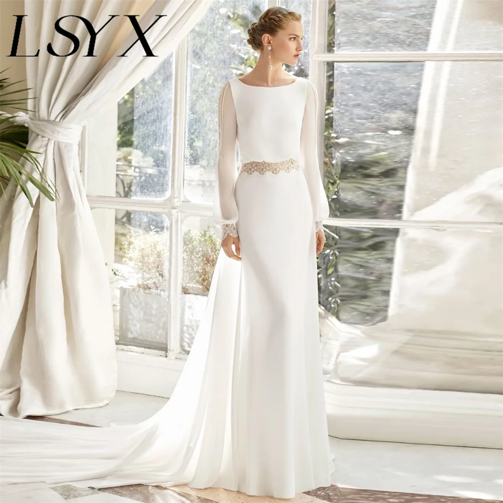 

LSYX Boho Long Puff Sleeves Pleats Boat-Neck Chiffon Appliques Wedding Dress Open Back A-Line Illusion Court Train Bridal Gown
