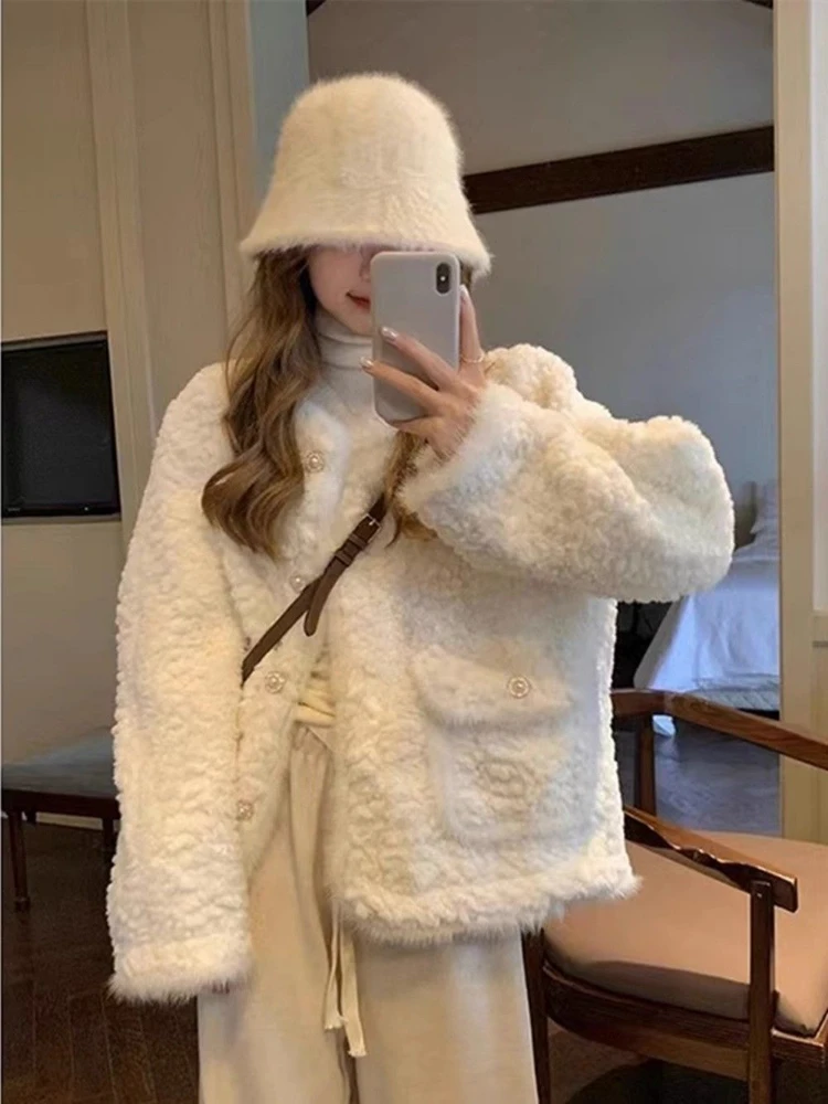 Lamb Wool Jacket Women Long Sleeve Fluffy Pink Faux Fur Coat Single-breasted Korean Chic Women Clothing Warm Thick Outerwear
Lamb Wool Jacket Women Long Sleeve Fluffy Pink Faux Fur Coat Single-breasted Korean Chic Women Clothing Warm Thick Outerwear