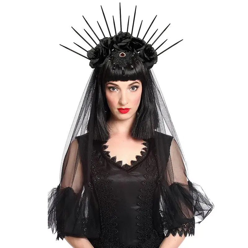 Halloween Wedding Dress Up Veil Headband Gothic Crown Mesh Black Rose Retro Europe And America Dress Up Christmas Role Play 
Halloween Wedding Dress Up Veil Headband Gothic Crown Mesh Black Rose Retro Europe And America Dress Up Christmas Role Play