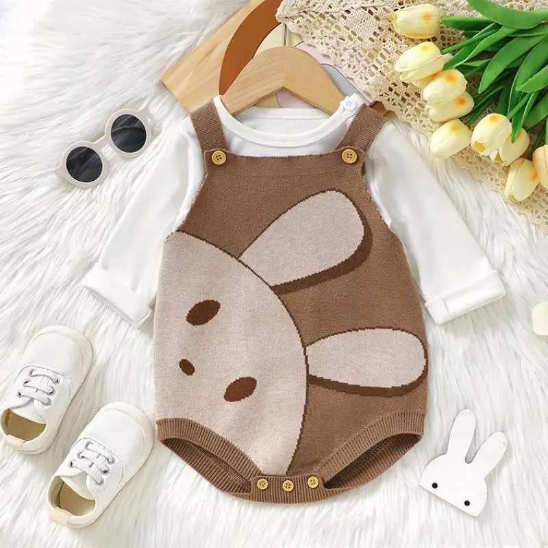 

2024 Spring Summer Ins Newborn Boy Infant Cute Cartoon Rabbit Knitted Suspenders Bodysuit Girl Baby Fashion Onesie Kid Clothes