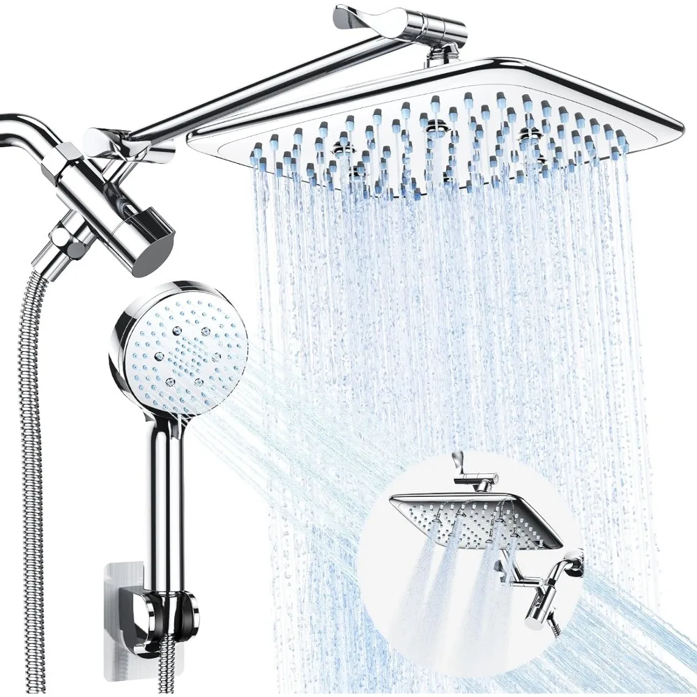 

High Pressure Rain Shower Head Combo with Extension Arm, Rainfall Showerhead with 3 Water Spray Modes, Adjustable, Chrome