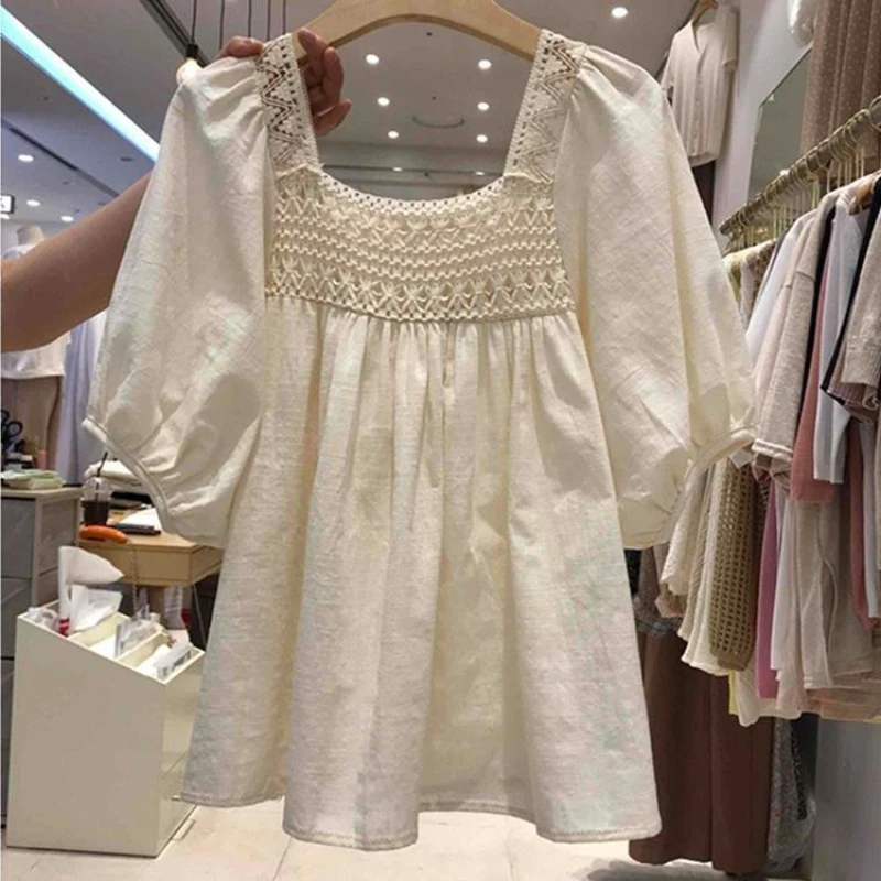 Loose Hollow Patchwork Women Blouse Summer 2023 Elegant Solid Lantern Sleeved Female Pulls Tops 
Loose Hollow Patchwork Women Blouse Summer 2023 Elegant Solid Lantern Sleeved Female Pulls Tops