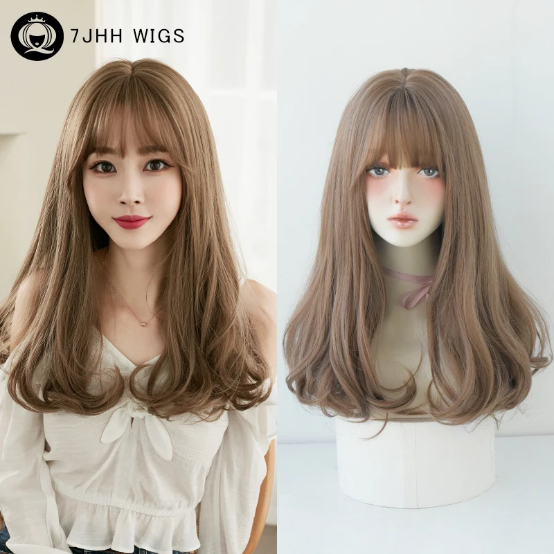 

7JHH WIGS Synthetic Long Loose Body Wavy Honey Blonde Wig for Women Daily Use High Density Layered Hair Wigs with Curtain Bangs