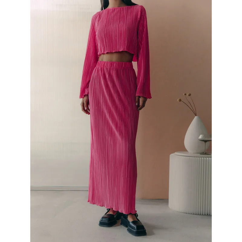 Women Fashion Pleated Skirt Set Spring Summer Elegant Long Sleeve Top Elastic Waist Solid Midi Dress 2 Piece Sets Outfits 2023
Women Fashion Pleated Skirt Set Spring Summer Elegant Long Sleeve Top Elastic Waist Solid Midi Dress 2 Piece Sets Outfits 2023