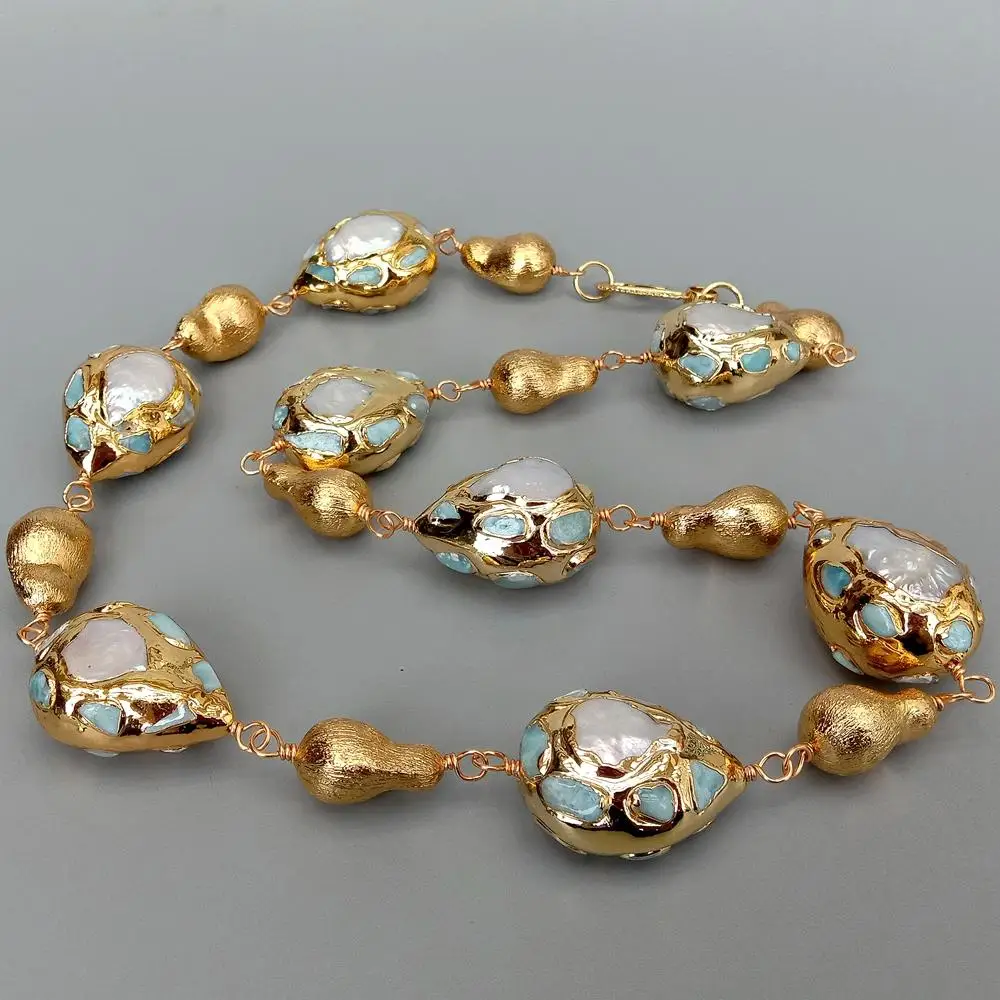 Natural Cultured White Freshwater Pearl Blue larimar Chips pave Teardrop Shape Gold brushed teardrop Wrap Necklace 24" 2 Mallzona S33cfa7b6c7c24d59a09bca67d2e9fa72K Natural Cultured White Freshwater Pearl Blue larimar Chips pave Teardrop Shape Gold brushed teardrop Wrap Necklace 24" Mallzona