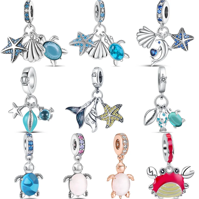 

Fit Original Pandora Charms Bracelet DIY Jewelry 925 Silver Sea Animal Turtle Dolphin Starfish Crab Fish Murano Glass Blue Beads