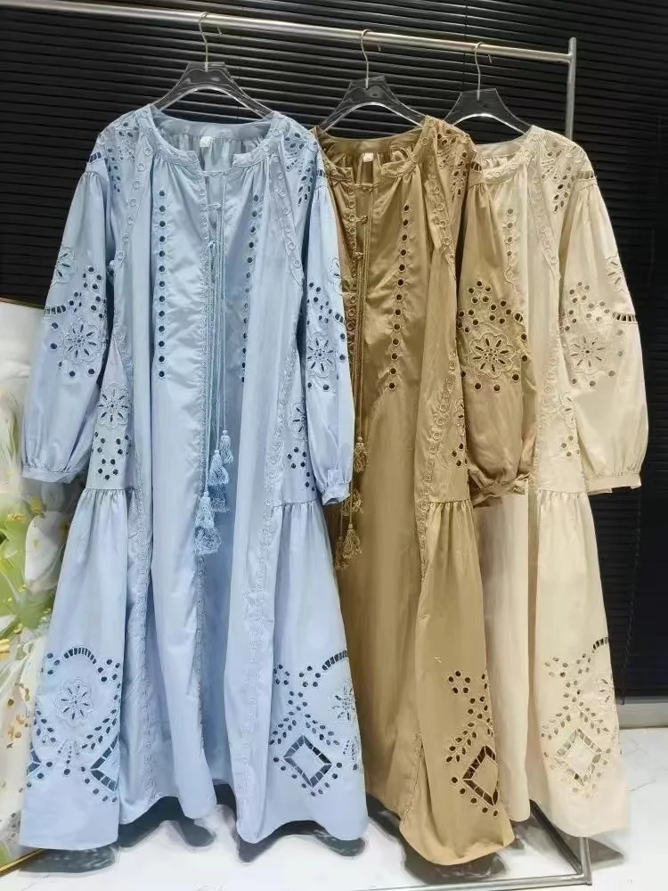 

Vacation style hollow embroidered tea break French dress loose to cover the flesh&look slim spring&summer 2024 fashion Dresses