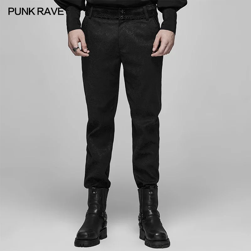 

PUNK RAVE Men's Gothic Dark Jacquard Blood Pants Waist Delicate Lace Party Dinner Club Wedding Black Trousers Men