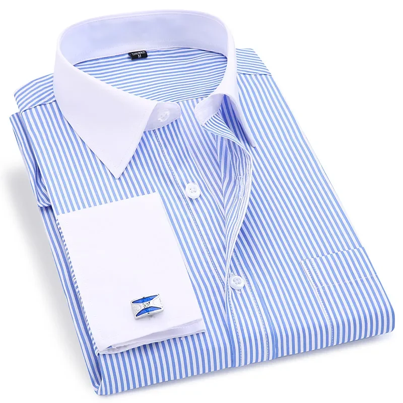 

New Gentle Formal Mens French Cuff Dress Shirt Men Long Sleeve Solid Striped Style Men's Shirts Cufflink Include Plus Sizet 6XL