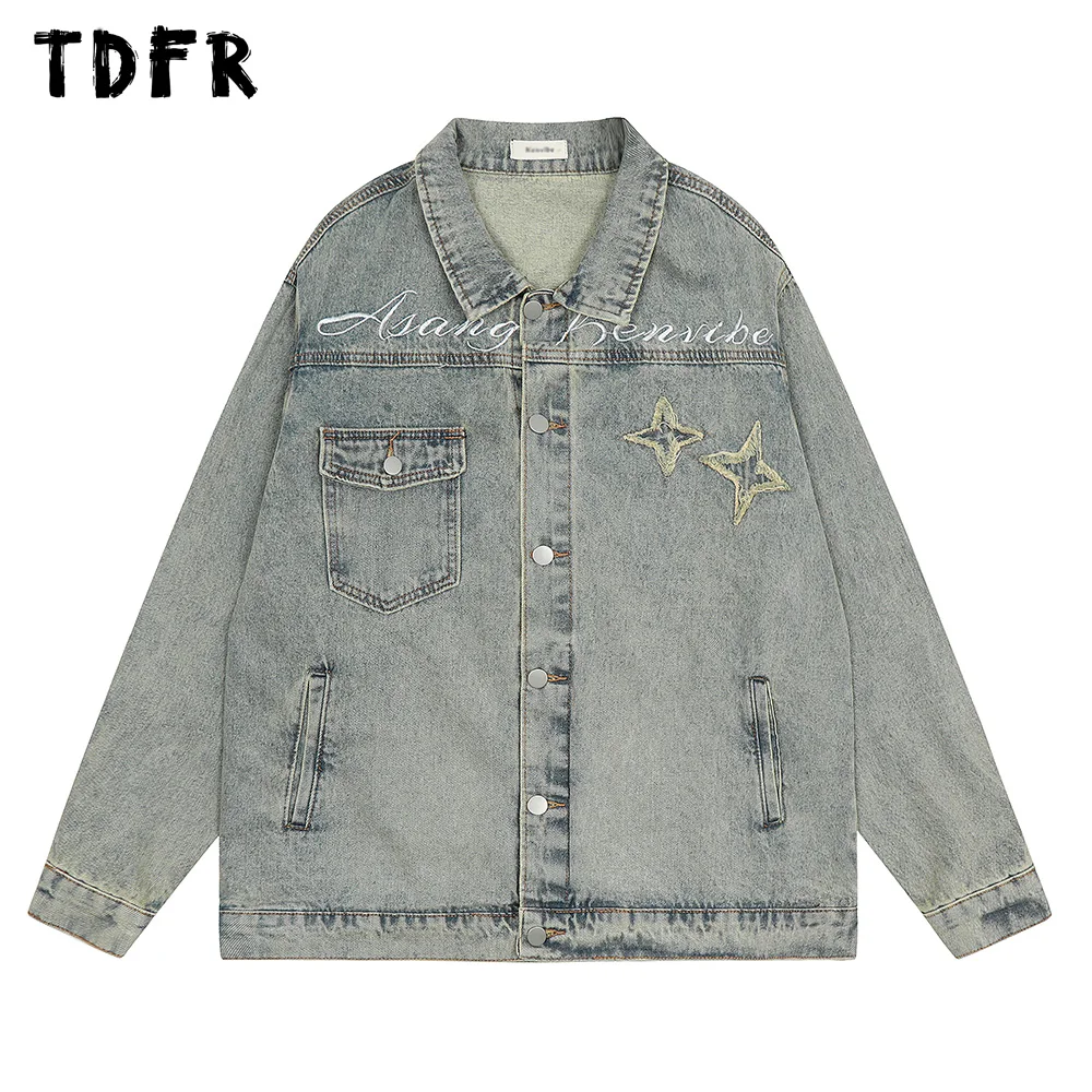 

Five-pointed Star Patch Denim Jacket Mens Autumn Winter Retro Casual Washed Distressed Lapel Loose Long Sleeve Outerwear Men
