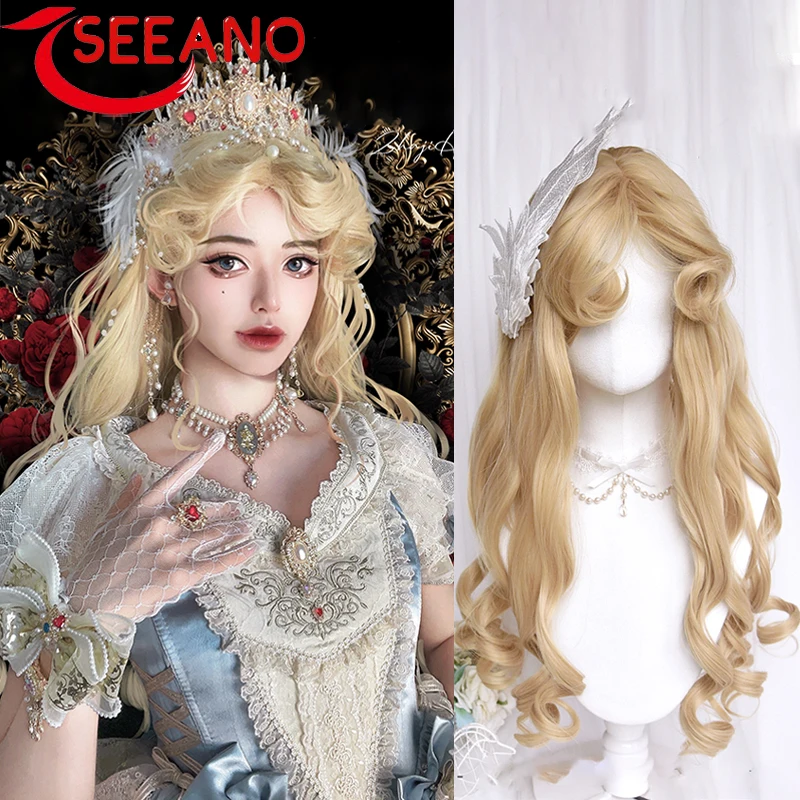 

SEEANO Synthetic Long Wavy Cosplay Wig With Bang Blonde Dark Brown Cute Lolita Wig Women Halloween Cosplay Wig Female