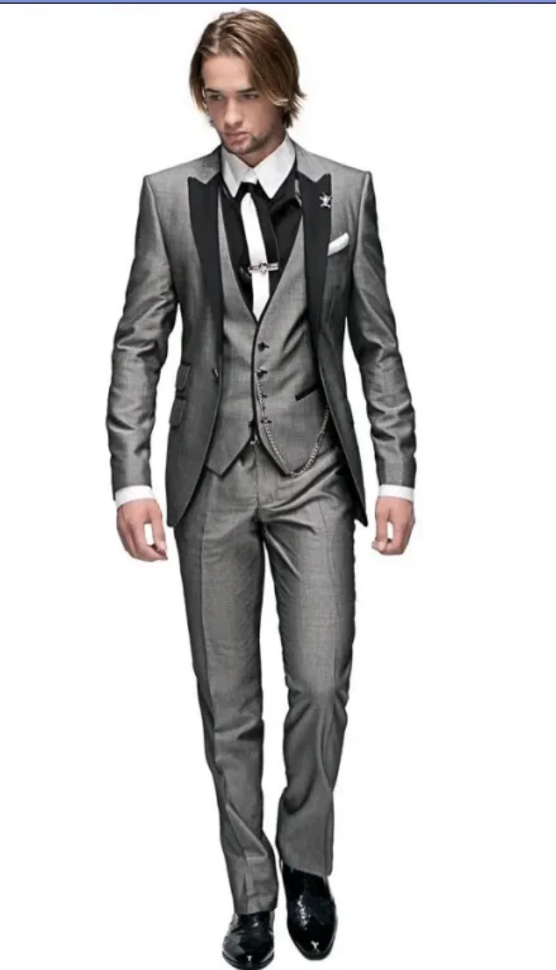

New Slim Fit Groom Tuxedos Light Grey Best Man Peak Black Lapel Groomsman Men Wedding Suits Bridegroom (Jacket+Pants+Tie+Vest)