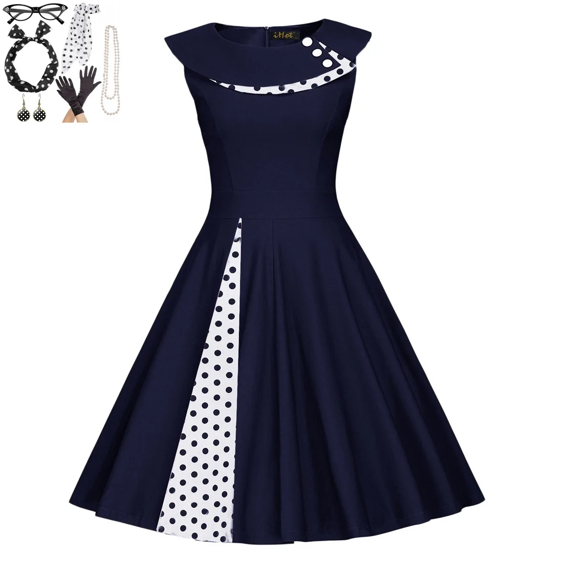 

7pc/set Women Rockabilly Flare Dress with Jewelry Set Polka Dots Swing Cocktail Dress 1950s 60s Hepburn Vintage Party Dresses