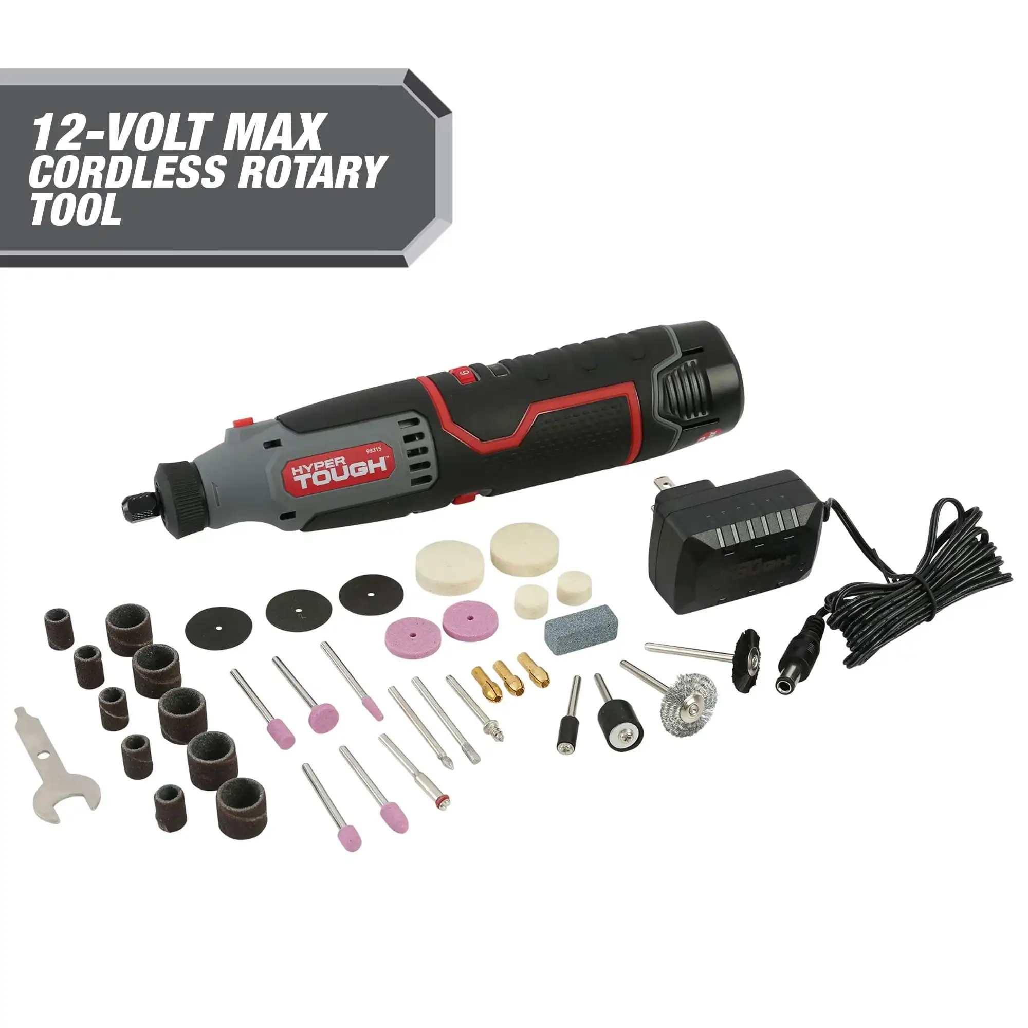 Hyper Tough 12V Max* Lithium-Ion Cordless Variable Speed Rotary Tool, 40 Accessories, with 1.5Ah Battery and Charger, 99315
Hyper Tough 12V Max* Lithium-Ion Cordless Variable Speed Rotary Tool, 40 Accessories, with 1.5Ah Battery and Charger, 99315