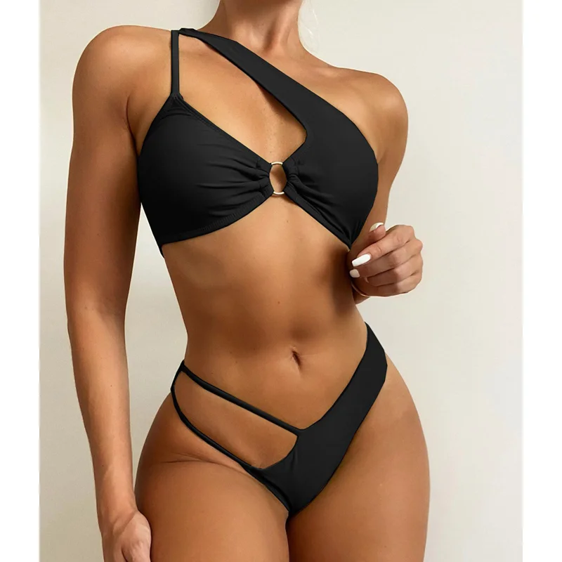 

Women's Swimsuits 2 Piece Sexy Cutout One Shoulder Padded Bikini Set Cheeky Thong Bottom Swimwear Bathing Suit