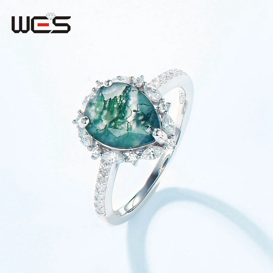 

WES 925 Sterling Silver Natural Gemstone 8*10mm Moss Agate Rings For Woman Fine Jewelry Certified Wedding Valentine Party Gifts