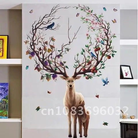 

Deer flower large Living room Background Wall Sticker Home Decoration DIY bedroom Mural art Decals poster reindeer stickers