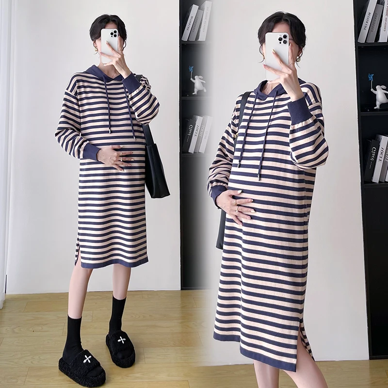 Spring Autumn New Pregnant Women Dress Knit Stripes Printing Hooded Loose Maternity Dress Long Sleeves Knee Length
Spring Autumn New Pregnant Women Dress Knit Stripes Printing Hooded Loose Maternity Dress Long Sleeves Knee Length