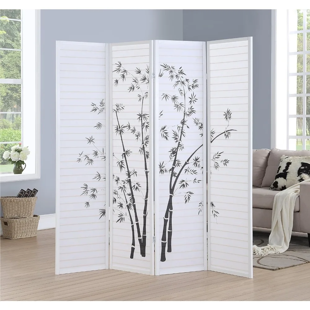 

Bamboo Print 4-Panel Framed Room Screen/Divider White Interior Separator Screen Space Separation Partition Room Dividers Panels