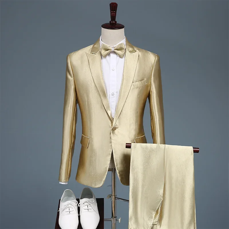 Men Gold Suits Host Performance Wedding Costumes Male Shiny Soft Suit Blazer Plus Size Suit Pants Set 2 Piece Set Elegant Boys
Men Gold Suits Host Performance Wedding Costumes Male Shiny Soft Suit Blazer Plus Size Suit Pants Set 2 Piece Set Elegant Boys