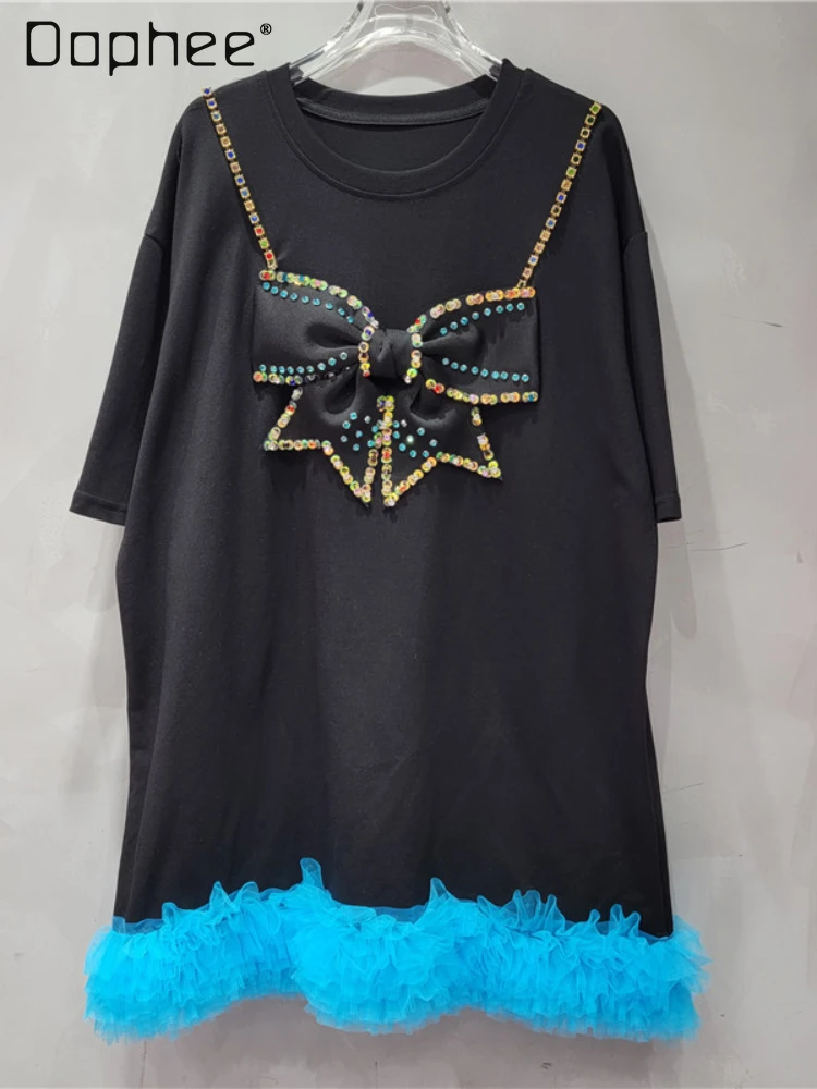 

Mesh Stitching Heavy Industry Beads Bow Mid-Length Short-Sleeved T-shirt Women 2024 Summer New Loose Short Black T-shirt Dress