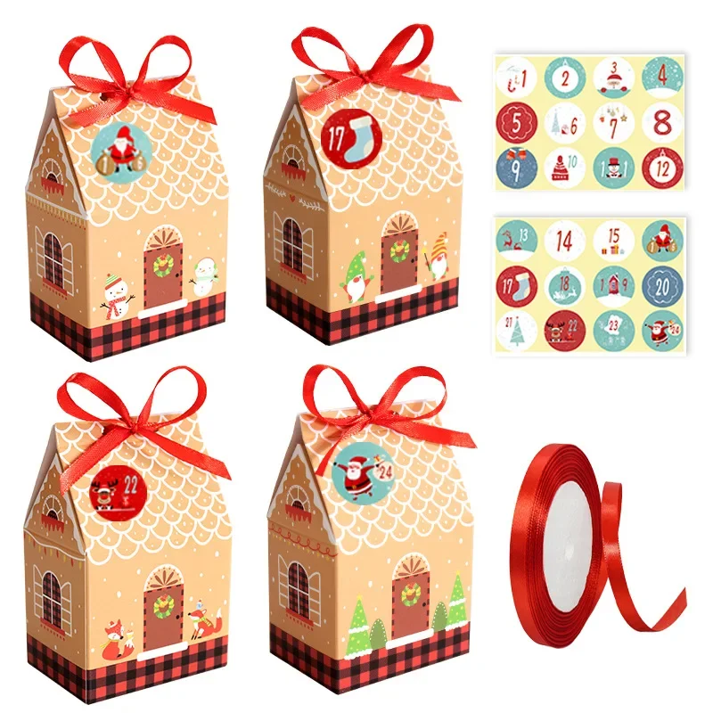 

Christmas Gift Boxes House Design Small Paper Box Present Candy Cookie Chocolate Packaging Bags 24pcs Noel Xmas Party Supplies