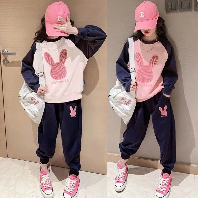 

2024 Spring Autumn Girls Clothing Set Cartoon Rabbit Pattern Sports Hoodies +Pants 2Pcs For 4-14Y Teen-agers Kids Casual Suit