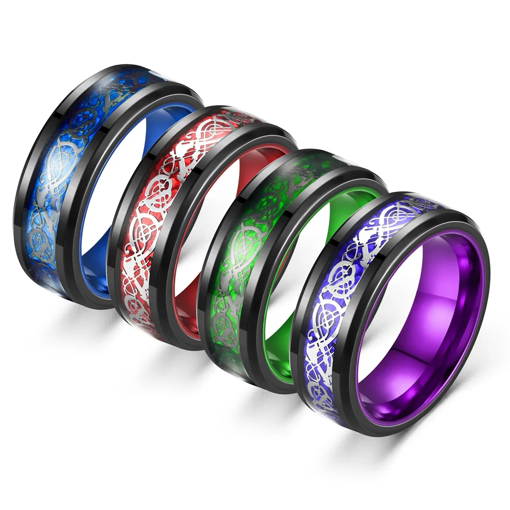 

Purple 8mm Men Stainless Steel Celtic Dragon Ring Inlay Blue Carbon Fiber Ring Men Wedding Band Jewelry Gift Wholesale