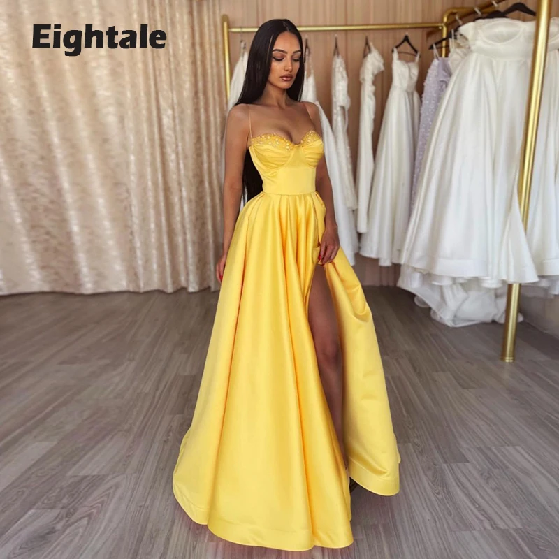 Eightale Arabic Evening Dress for Wedding Party Satin Spaghetti Strap Beaded Long Yellow Prom Gowns Formal Celebrity Dress
Eightale Arabic Evening Dress for Wedding Party Satin Spaghetti Strap Beaded Long Yellow Prom Gowns Formal Celebrity Dress