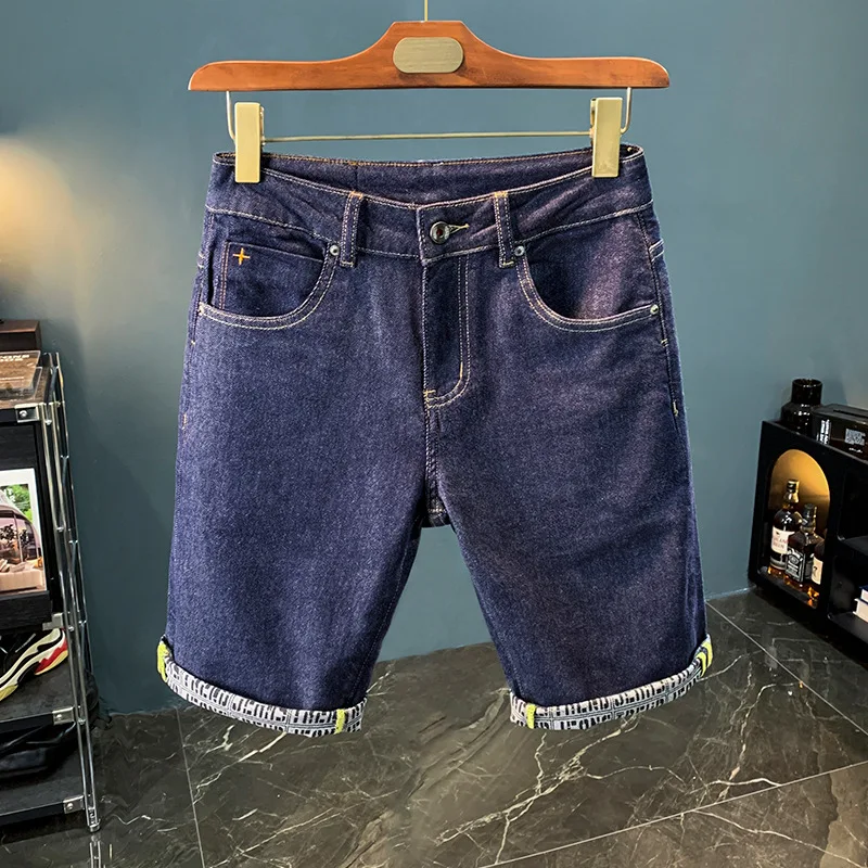 

2024Summer Primary Color Washed Denim Shorts Men's Fashionable Printed Straight Shorts Dark Blue Stretch Bermuda Shorts
