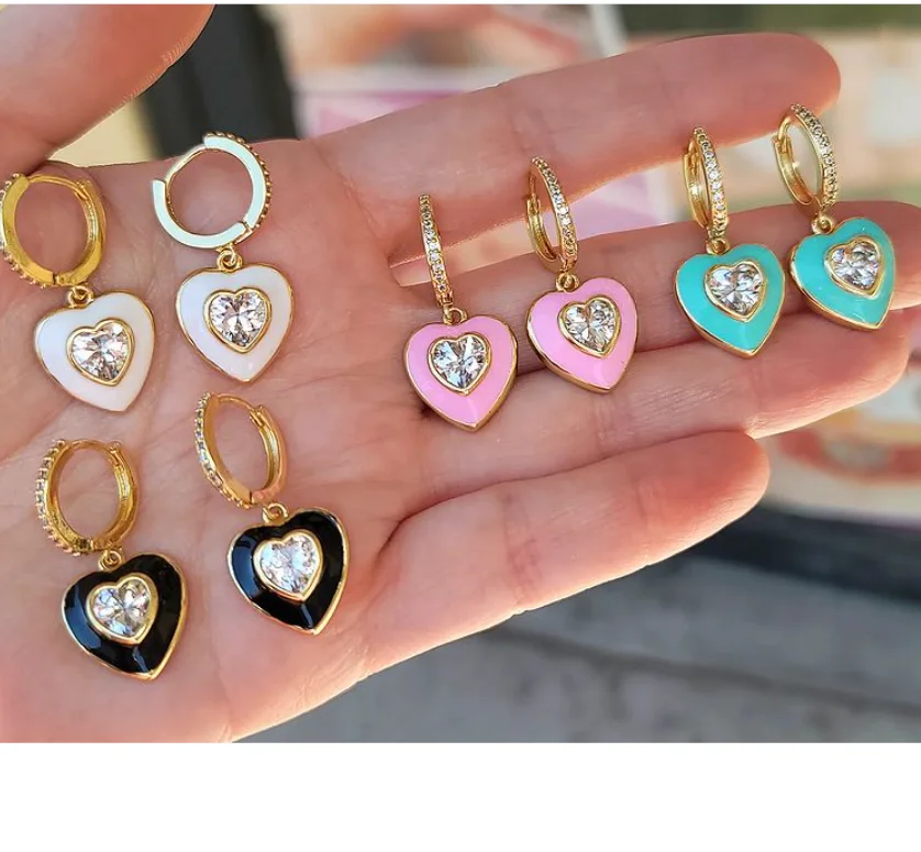 

5Pairs Popular Colorful Dripping Oil Heart Enamel Hoop Jewelry Earrings For Women Girl