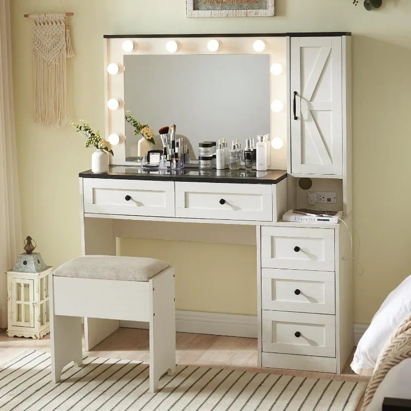Farmhouse Vanity Makeup Desk with Charging Station, 43" W Vanity Desk with Lights Mirror and Drawers for Makeup
Farmhouse Vanity Makeup Desk with Charging Station, 43" W Vanity Desk with Lights Mirror and Drawers for Makeup