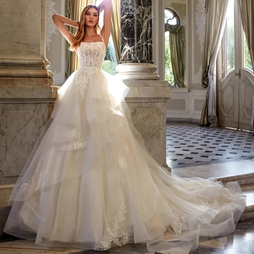 Gorgeous A Line Wedding Dress Tulle Square Neck With Spaghetti Strap Sleeveless With Pretty Lace Appliques Sweep Train For Bride
Gorgeous A Line Wedding Dress Tulle Square Neck With Spaghetti Strap Sleeveless With Pretty Lace Appliques Sweep Train For Bride