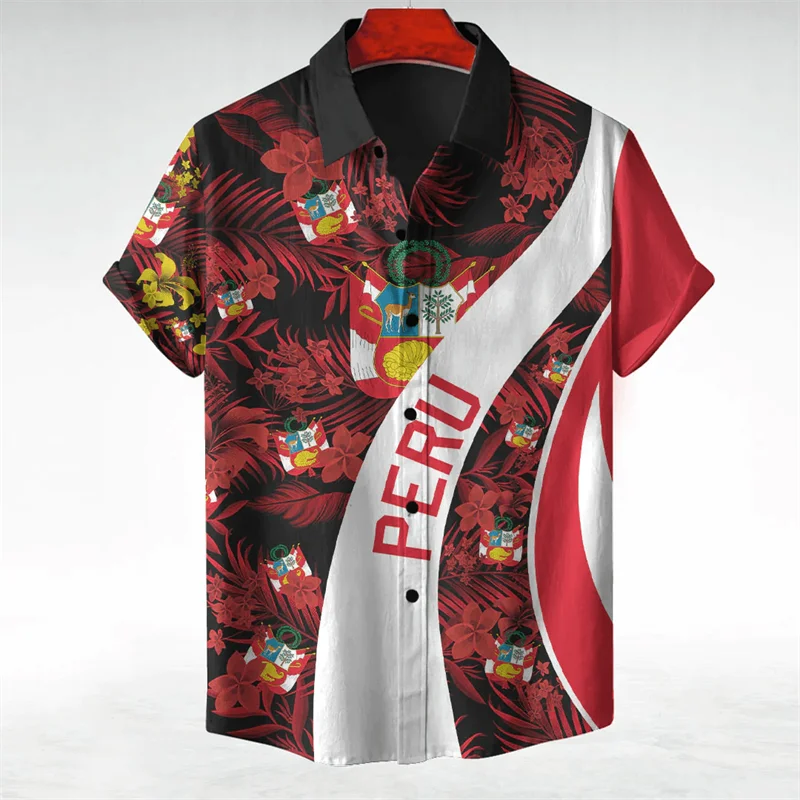 

Peru Flag Map Graphic Shirts For Men Clothes Casual Hawaii Short Sleeve Shirt Peruvian National Emblem Lapel Blouse Male Tops