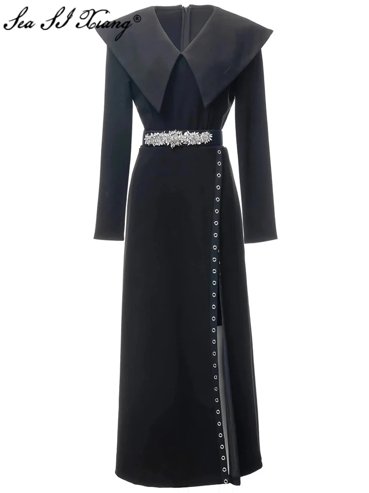 Модное дизайнерское весеннее платье Seasixiang с разрезом, Женские винтажные облегающие платья черного цвета с отложным воротником и длинным рукавом, поясом с кристаллами
Модное дизайнерское весеннее платье Seasixiang с разрезом, Женские винтажные облегающие платья черного цвета с отложным воротником и длинным рукавом, поясом с кристаллами