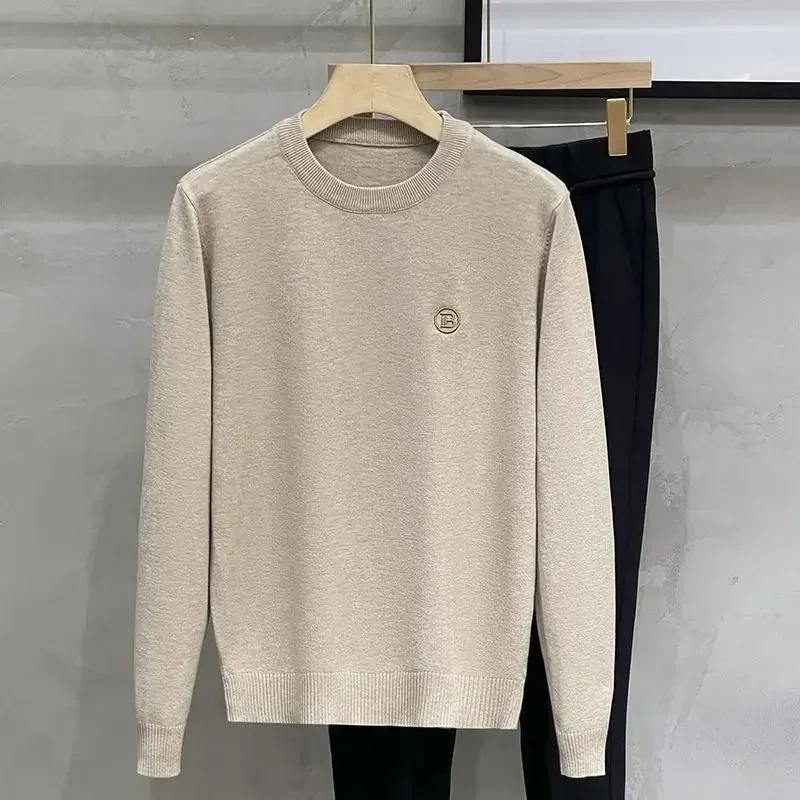 

Knit Sweater Male No Hoodie Solid Color Men's Clothing Crewneck Plain Green Round Collar Pullovers Embroidery Korean Fashion X A