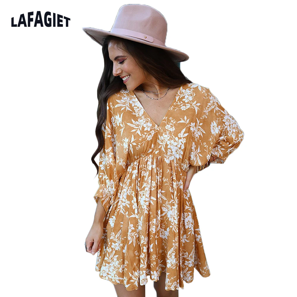 

Orange Women Mini Dress Summer 2022 Sexy V Neck Floral Print Boho Beach Dress Ruffle Short Sleeve A Line Dress Wrap Sundress