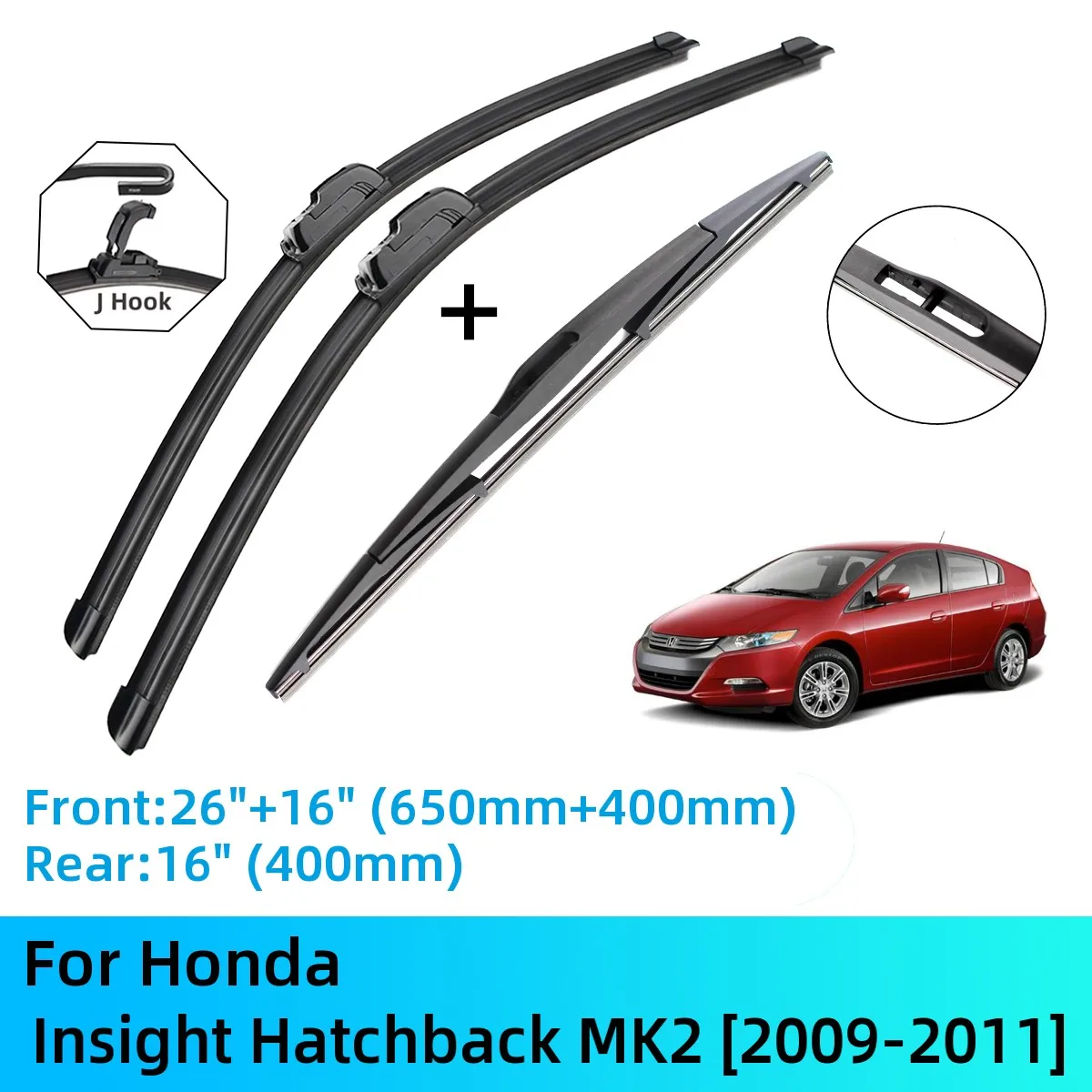 

For Honda Insight Hatchback MK2 Front Rear Wiper Blades Brushes Cutter Accessories J U Hook 2009-2011 2009 2010 2011